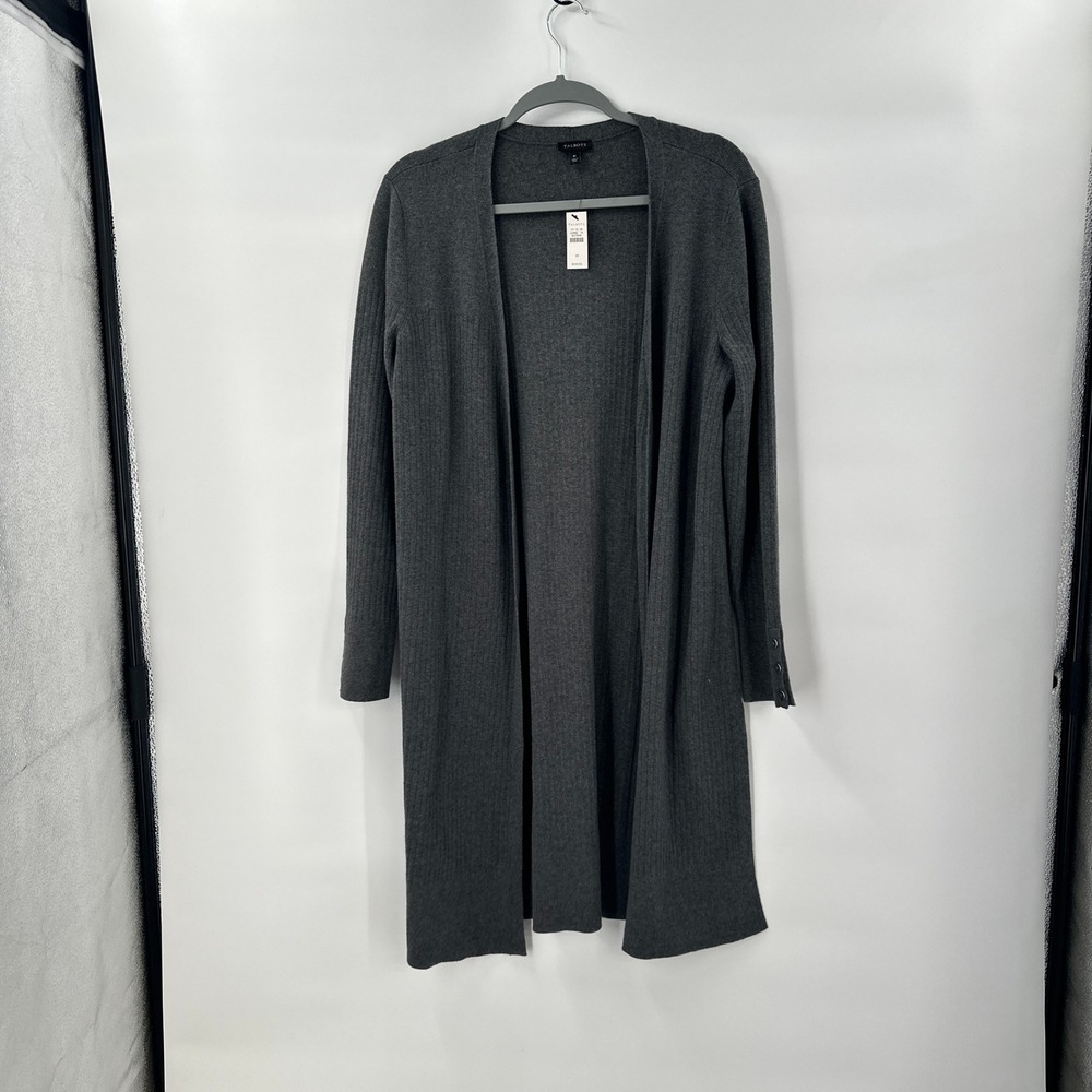 New Talbots Long Cardigan Medium Duster Grey Minimalist Cozy Ribbed Layering